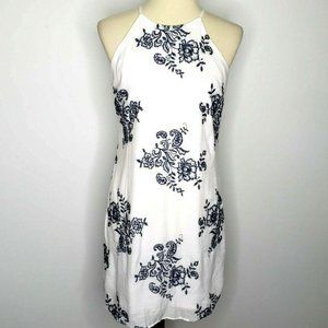 BCX NAVY FLOWER EMBROIDERED HALTER DRESS WHITE